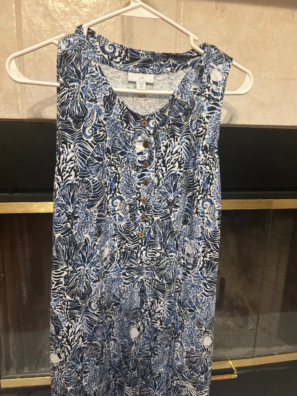 J Jill NEW Womens Size Medium Sleeveless Knit Dress Blue White Coastal Sea Life